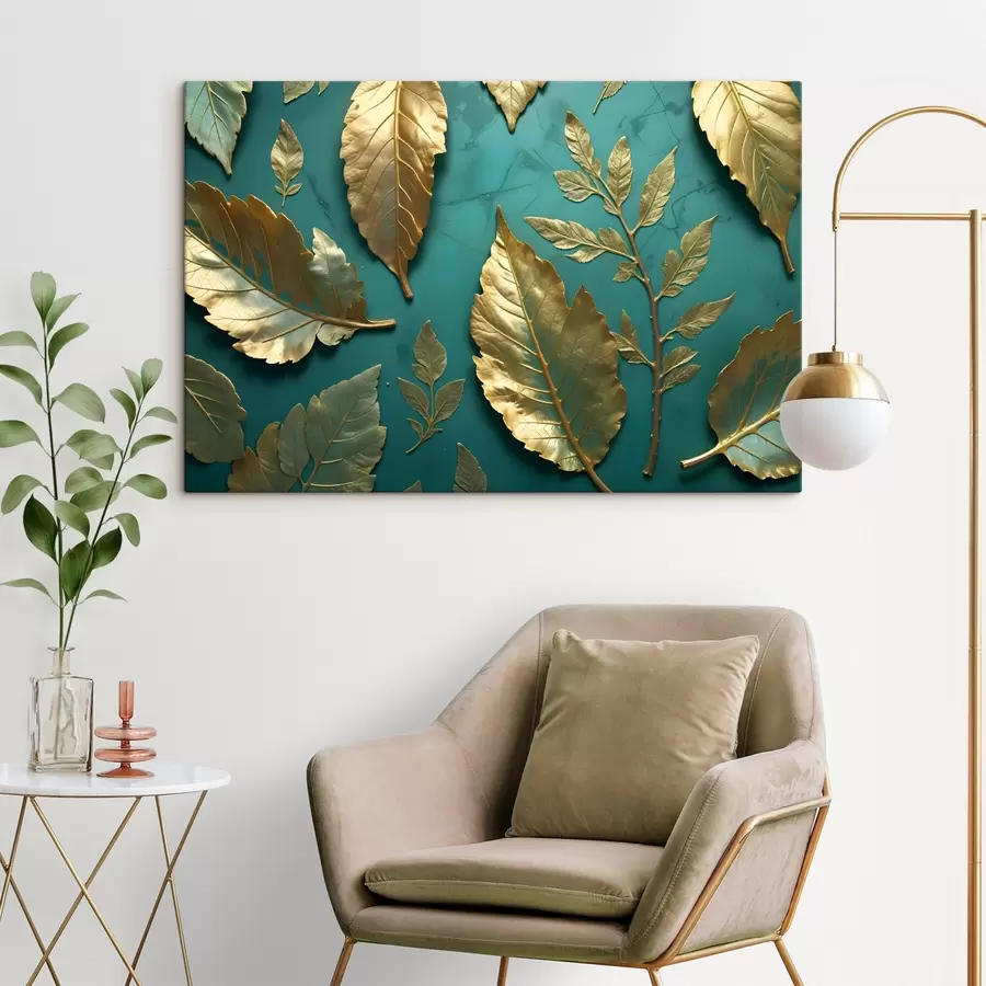 Wandbilder Gelbe, zarte Blätter auf einem blaugrünen Hintergrund - ein eleganter botanischer Druck s41727