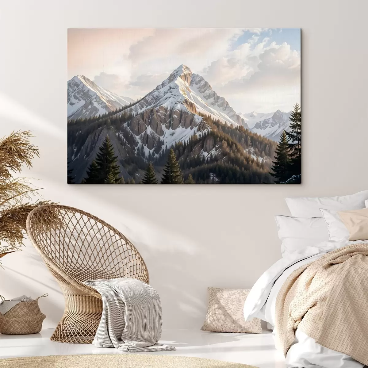 Wandbilder Ein schneebedeckter Berggipfel, der sich über eine bewaldete Landschaft erhebt, mit Kiefern im Vordergund s41736