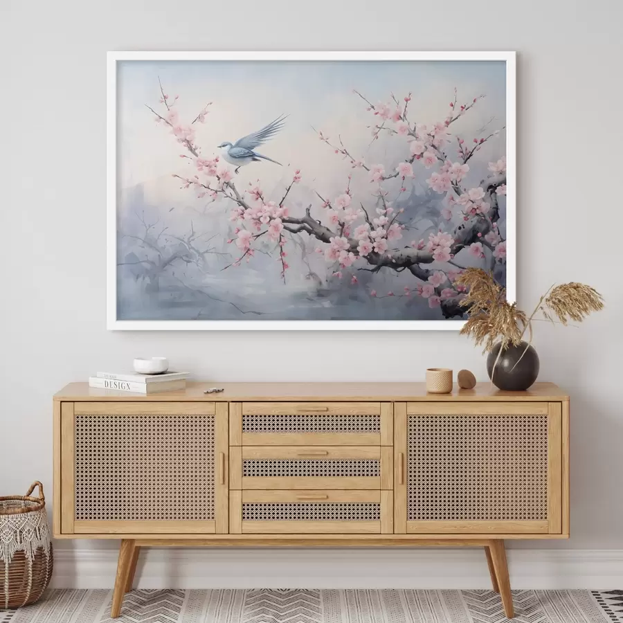 Fototapete Blauer Vogel fliegt zwischen rosa Kirschblütenblüten auf einem nebligen Frühling gedämpften Hintergrund f41712