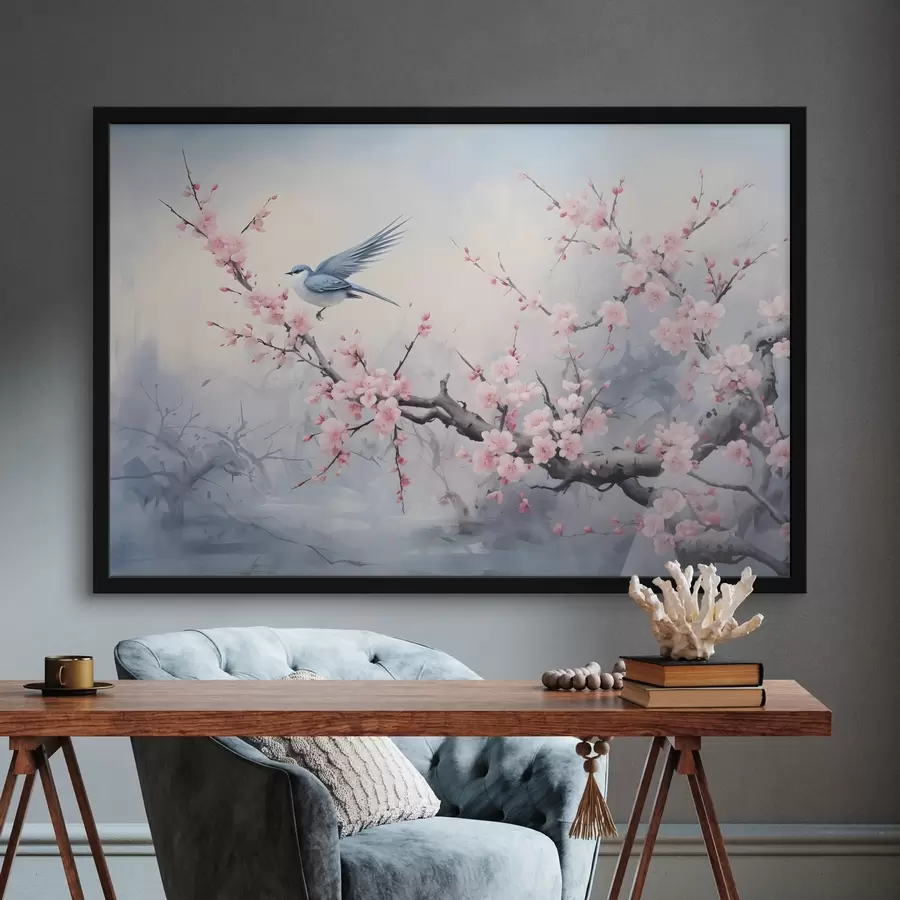 Fototapete Blauer Vogel fliegt zwischen rosa Kirschblütenblüten auf einem nebligen Frühling gedämpften Hintergrund f41712