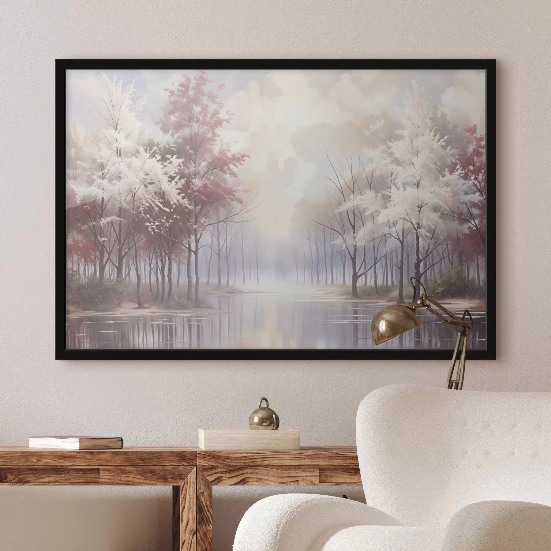 Fototapete Eine ruhige Landschaft mit einem nebligen Wald, kahlen Bäumen und einem ruhigen See, in dem sich die sanften rosa und weißen Farbtöne widerspiegeln f41720