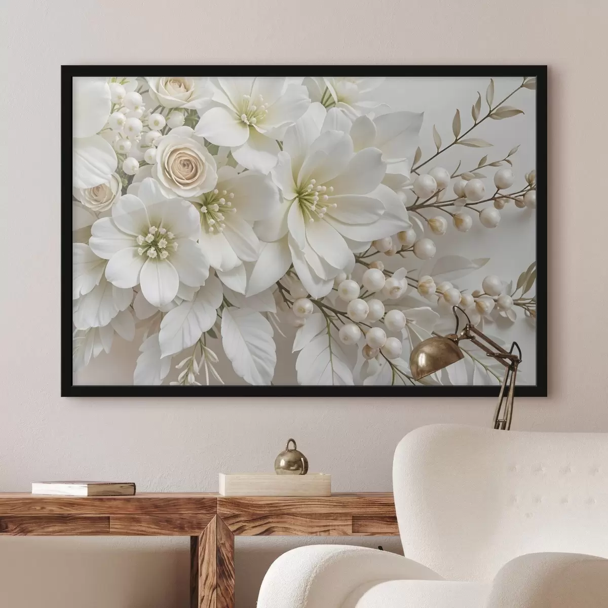 Poster Zarte weiße Blumen, darunter Lilien, Rosen und andere Blüten mit weichen, samtigen Blütenblättern f41722