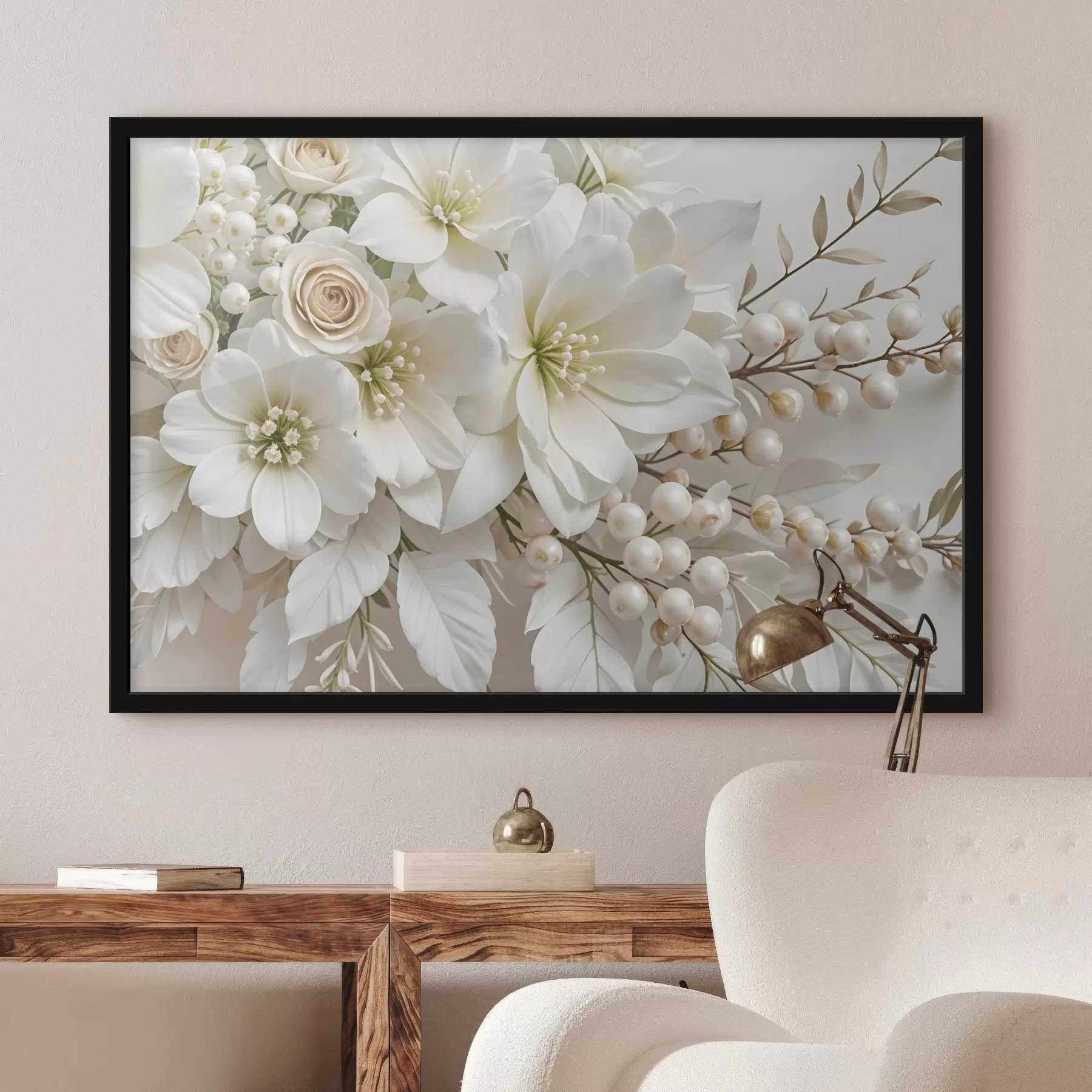 Fototapete Zarte weiße Blumen, darunter Lilien, Rosen und andere Blüten mit weichen, samtigen Blütenblättern f41722