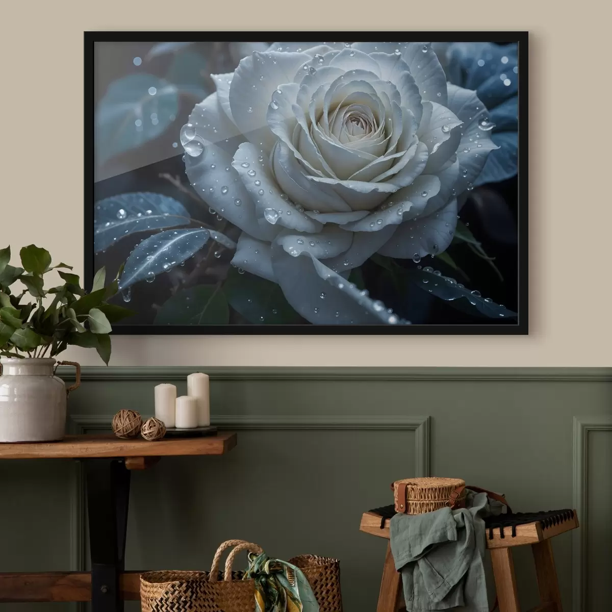 Poster Eine Nahaufnahme einer weißen Rose mit Wassertropfen auf den Blütenblättern vor einem dunklen Hintergrund f41723