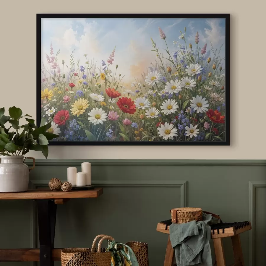 Fototapete Ein Feld mit farbenfrohen Wildblumen wie Gänseblümchen, Mohnblumen und anderen blühenden Pflanzen vor einem blauen Himmel f41725