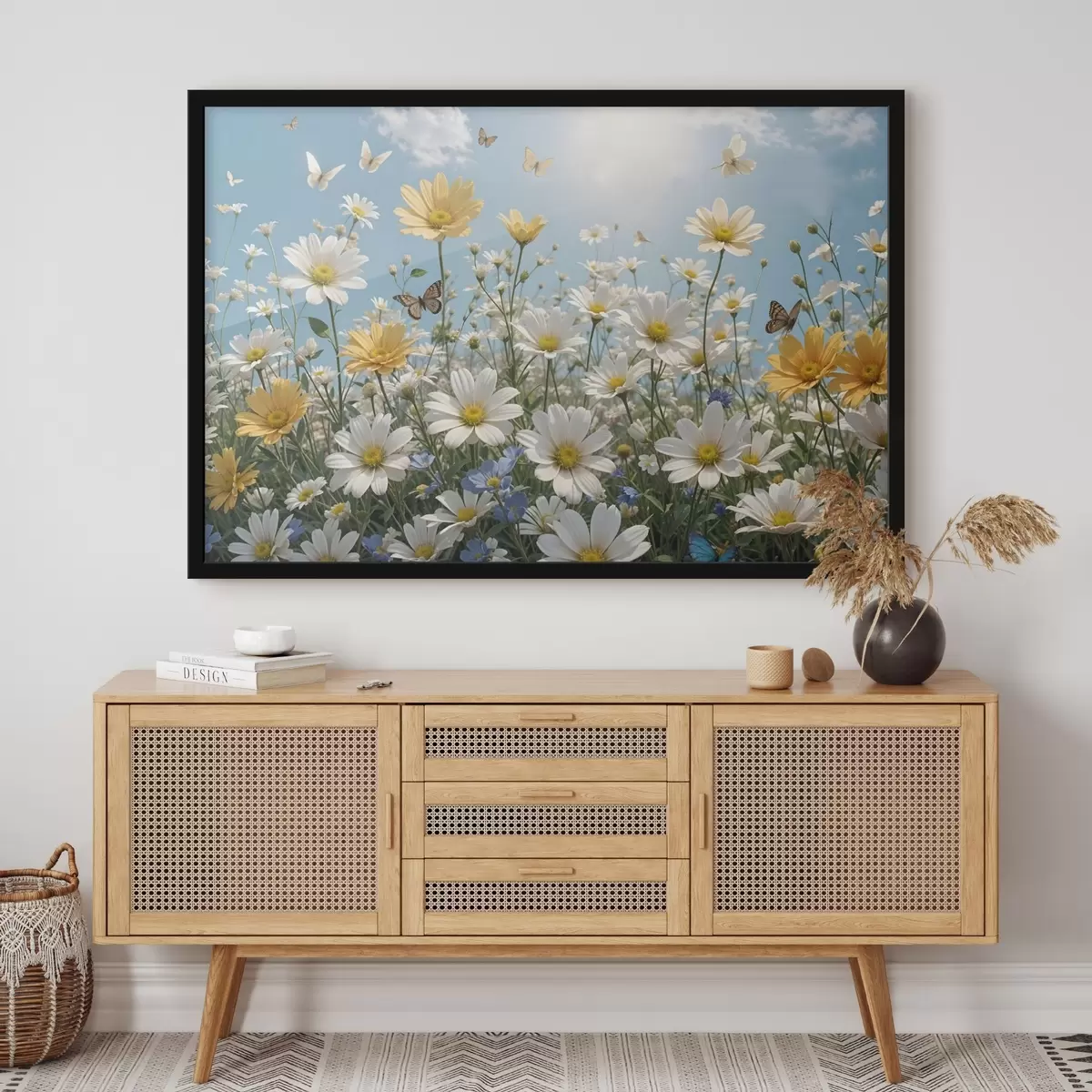 Poster Ein Feld mit weißen und gelben Gänseblümchen vor einem blauen Himmel mit flauschigen weißen Wolken und darüber fliegenden Schmetterlingen f41726