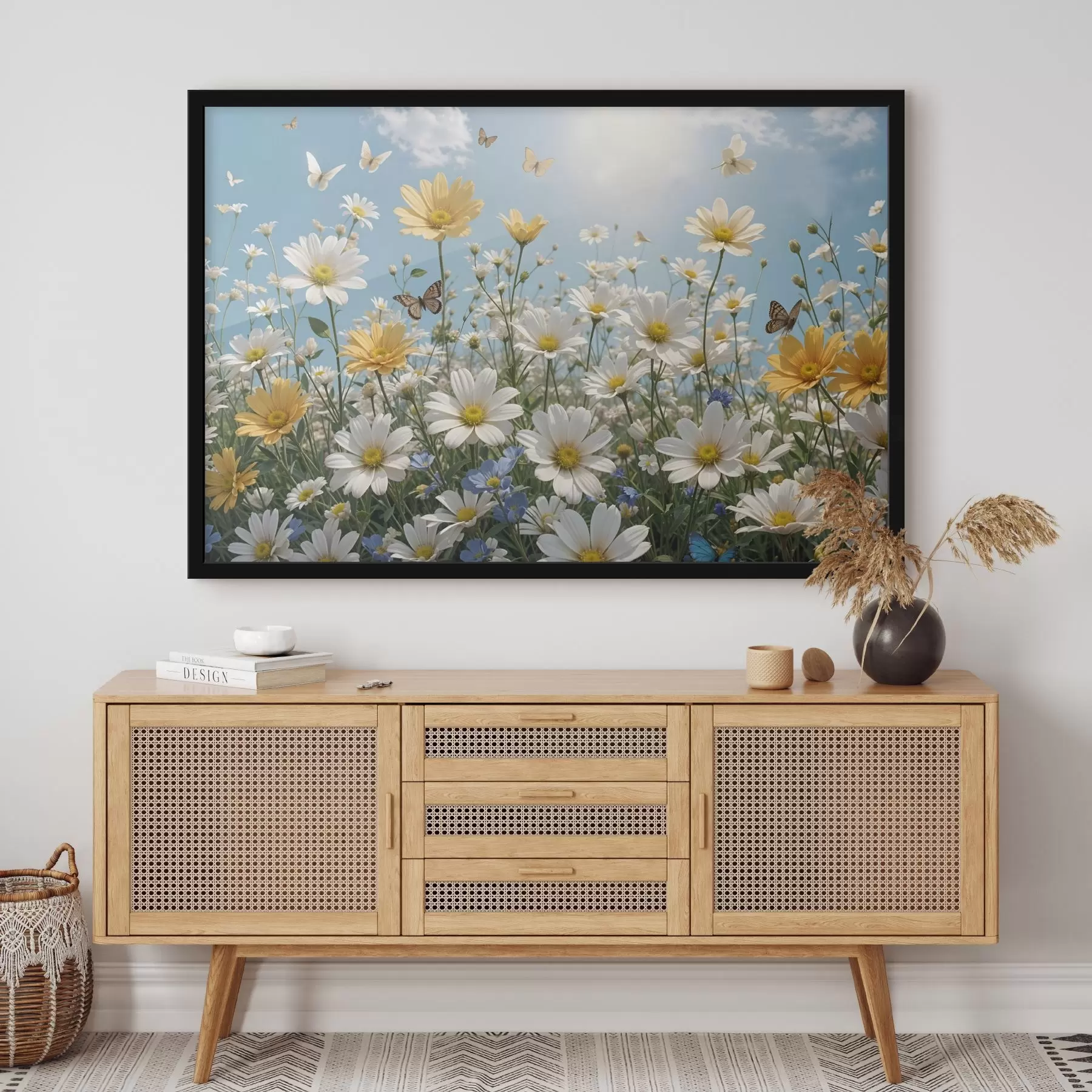 Fototapete Ein Feld mit weißen und gelben Gänseblümchen vor einem blauen Himmel mit flauschigen weißen Wolken und darüber fliegenden Schmetterlingen f41726