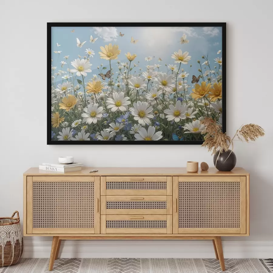 Fototapete Ein Feld mit weißen und gelben Gänseblümchen vor einem blauen Himmel mit flauschigen weißen Wolken und darüber fliegenden Schmetterlingen f41726