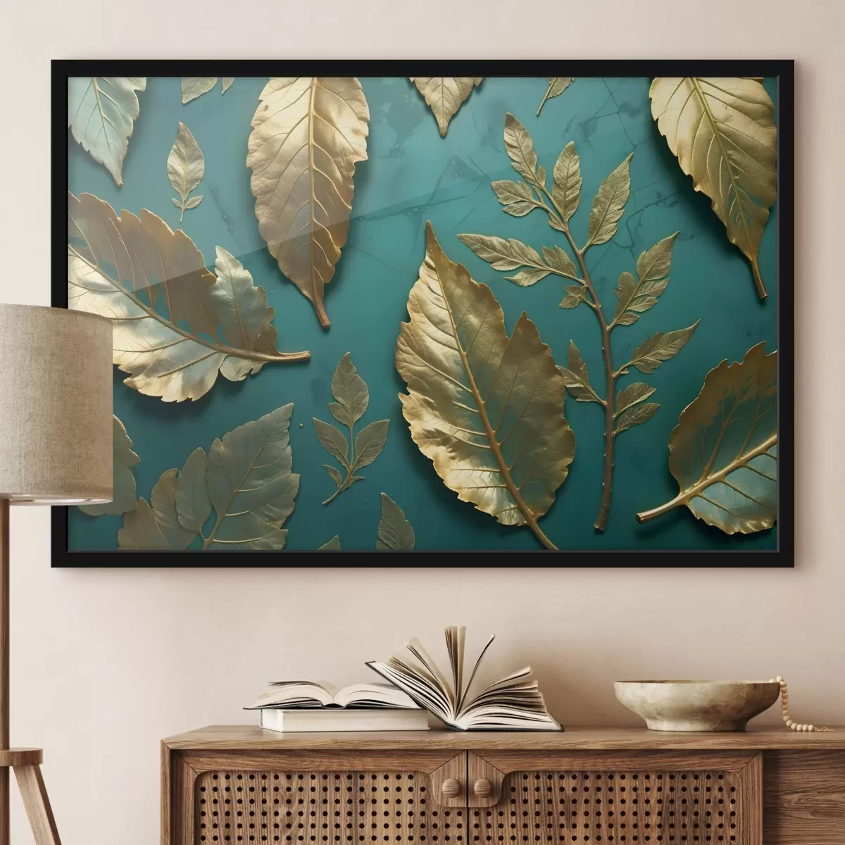 Poster Gelbe, zarte Blätter auf einem blaugrünen Hintergrund - ein eleganter botanischer Druck f41727