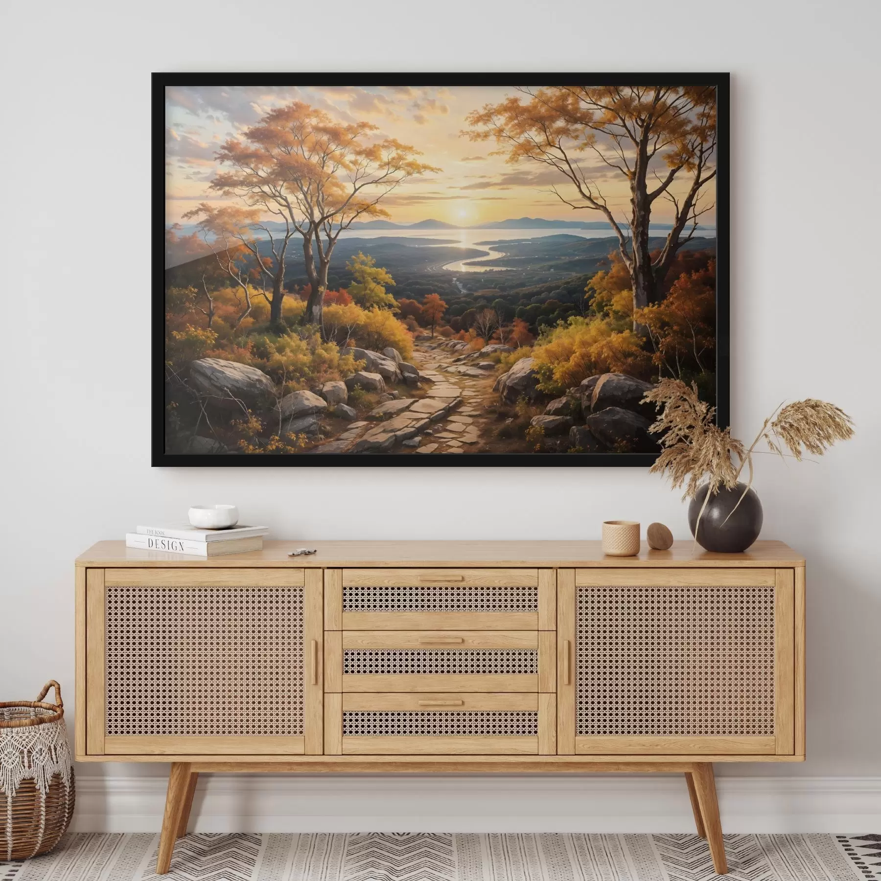 Fototapete Landschaft mit einem gewundenen Feldweg, der durch einen Wald mit herbstlich gefärbten Bäumen und einem Sonnenuntergangshimmel führt f41732