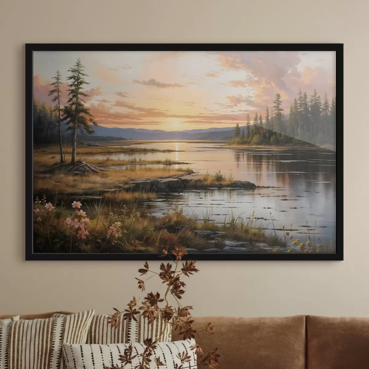 Poster Eine ruhige Landschaft mit einem von Kiefern umgebenen See, in dem sich die warmen Farben des Abendhimmels spiegeln f41733