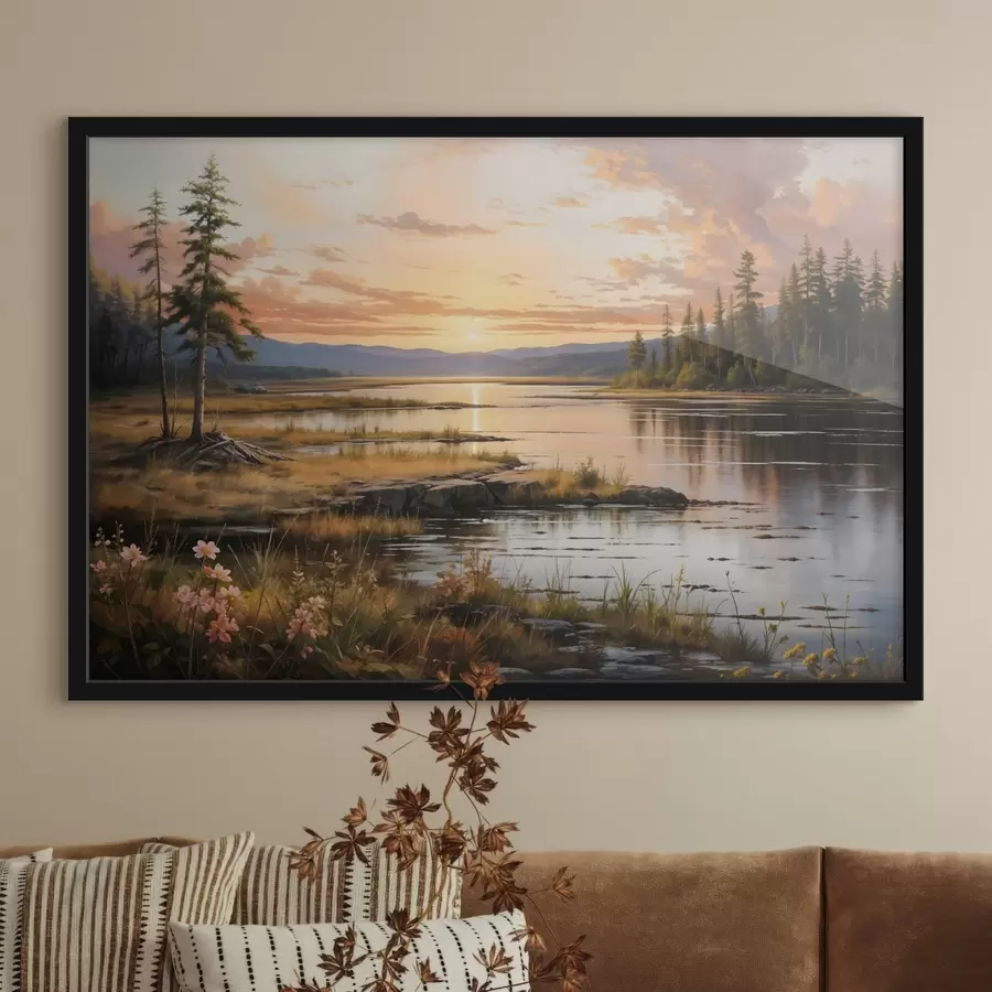 Fototapete Eine ruhige Landschaft mit einem von Kiefern umgebenen See, in dem sich die warmen Farben des Abendhimmels spiegeln f41733