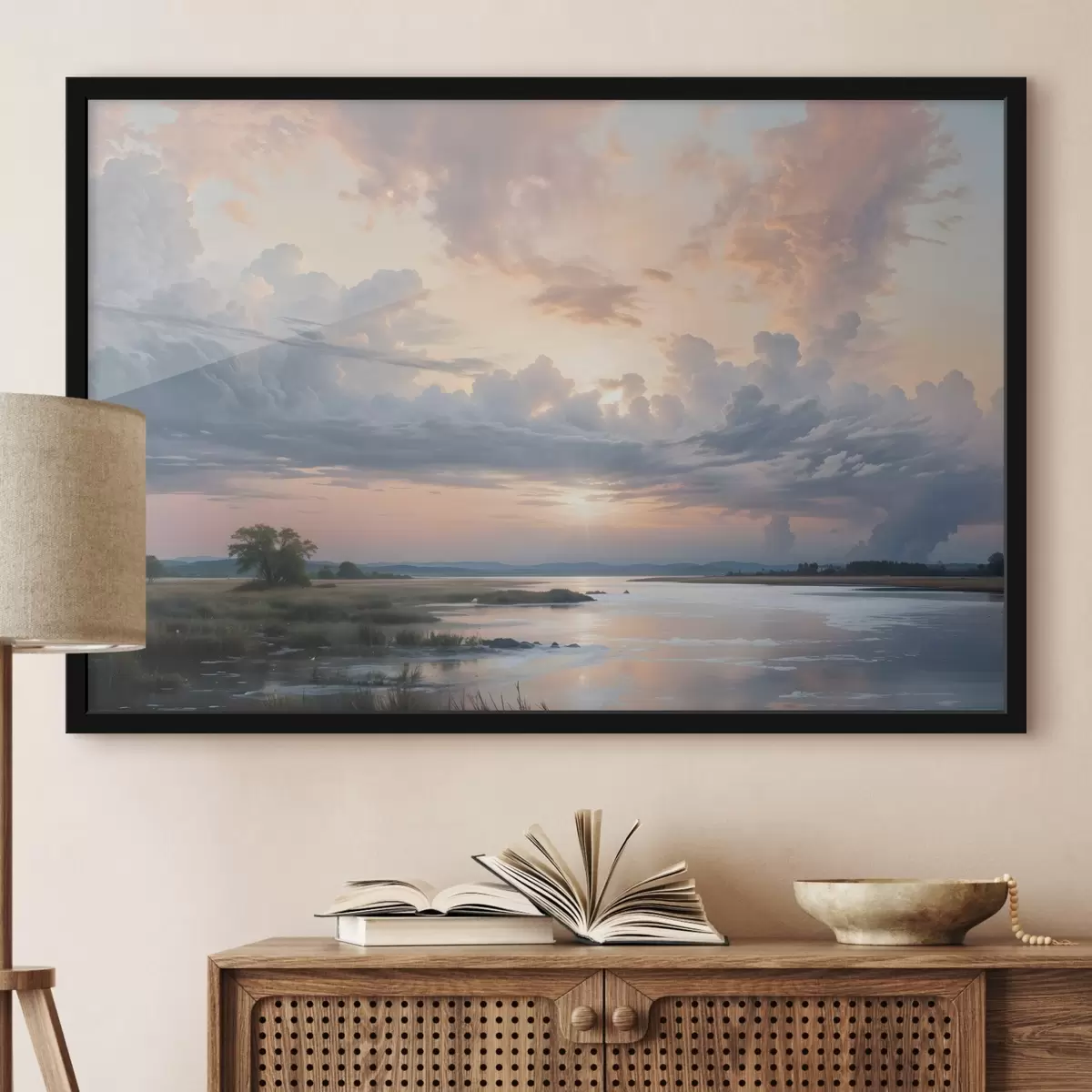 Poster Eine heitere, pastellfarbene Landschaft mit einem ruhigen See, in dem sich der bunte Himmel bei Sonnenuntergang spiegelt f41734