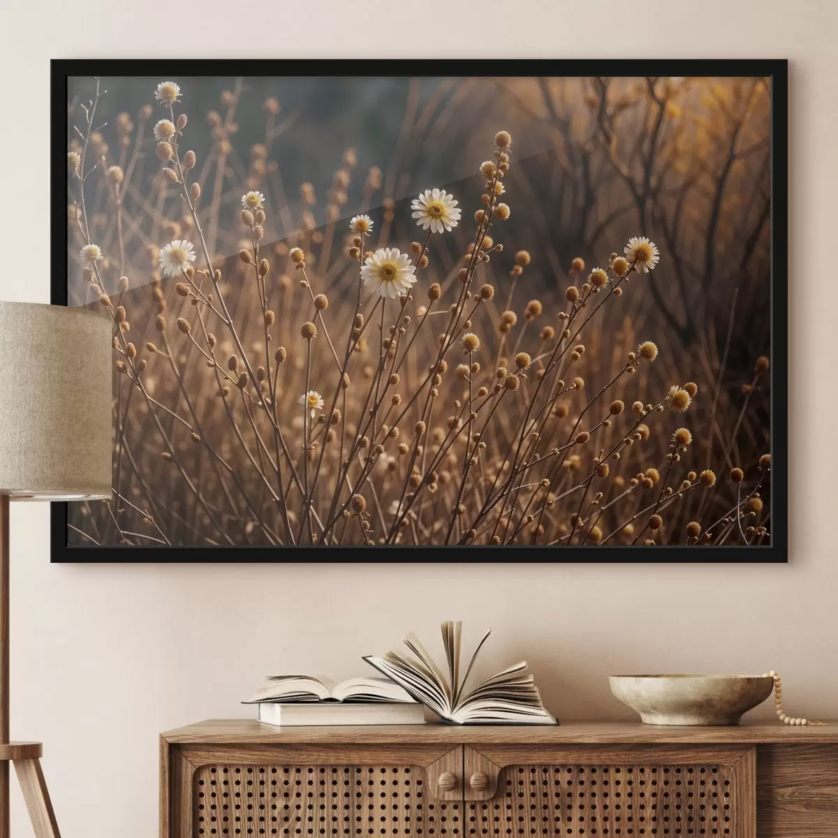 Poster Weiße Gänseblümchen in einem Feld aus vertrocknetem Gras und Stängeln, im warmen Abendsonnenlicht f41735