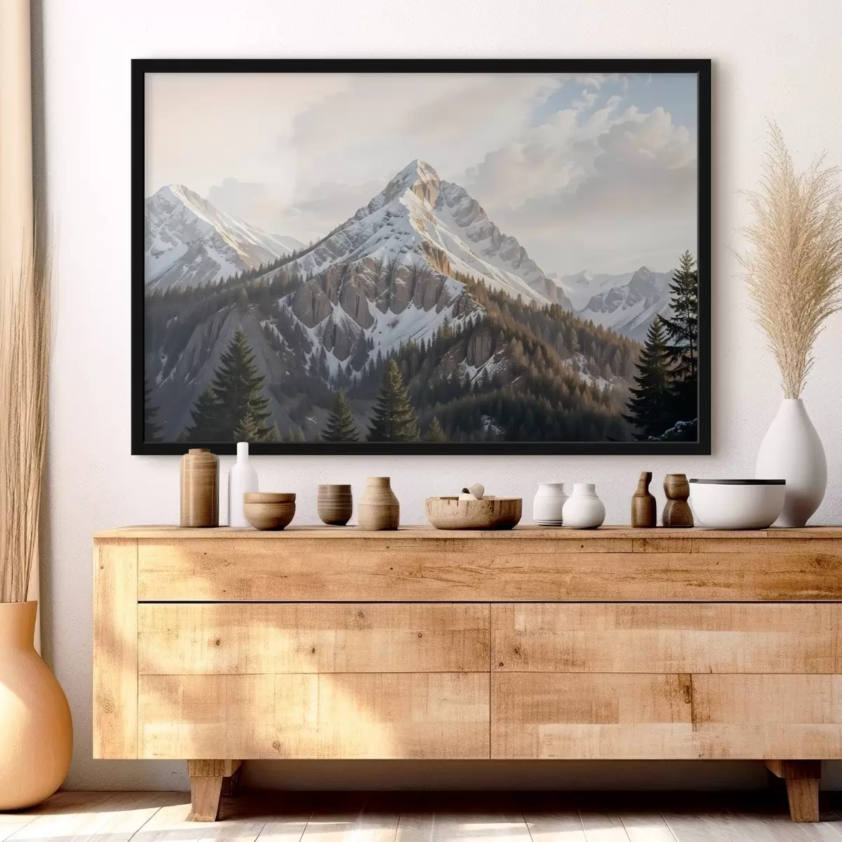 Poster Ein schneebedeckter Berggipfel, der sich über eine bewaldete Landschaft erhebt, mit Kiefern im Vordergund f41736