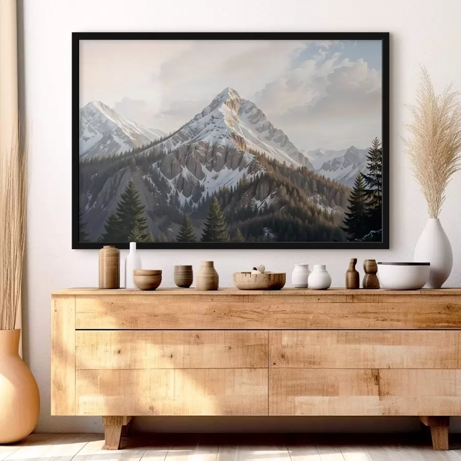 Fototapete Ein schneebedeckter Berggipfel, der sich über eine bewaldete Landschaft erhebt, mit Kiefern im Vordergund f41736