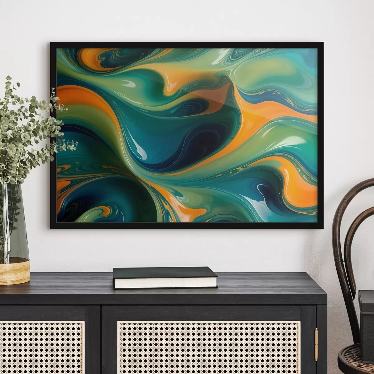 Poster Wirbelnde abstrakte Muster in Grün-, Blau- und Orangetönen mit fließenden, organischen Formen und Texturen f41737