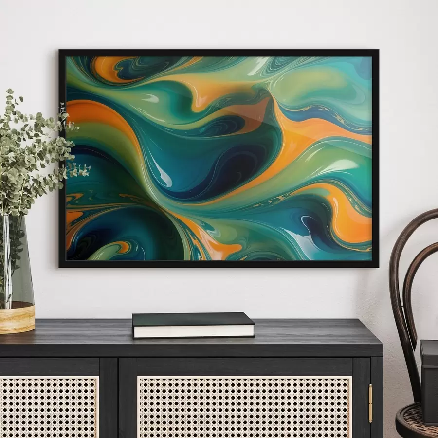 Fototapete Wirbelnde abstrakte Muster in Grün-, Blau- und Orangetönen mit fließenden, organischen Formen und Texturen f41737