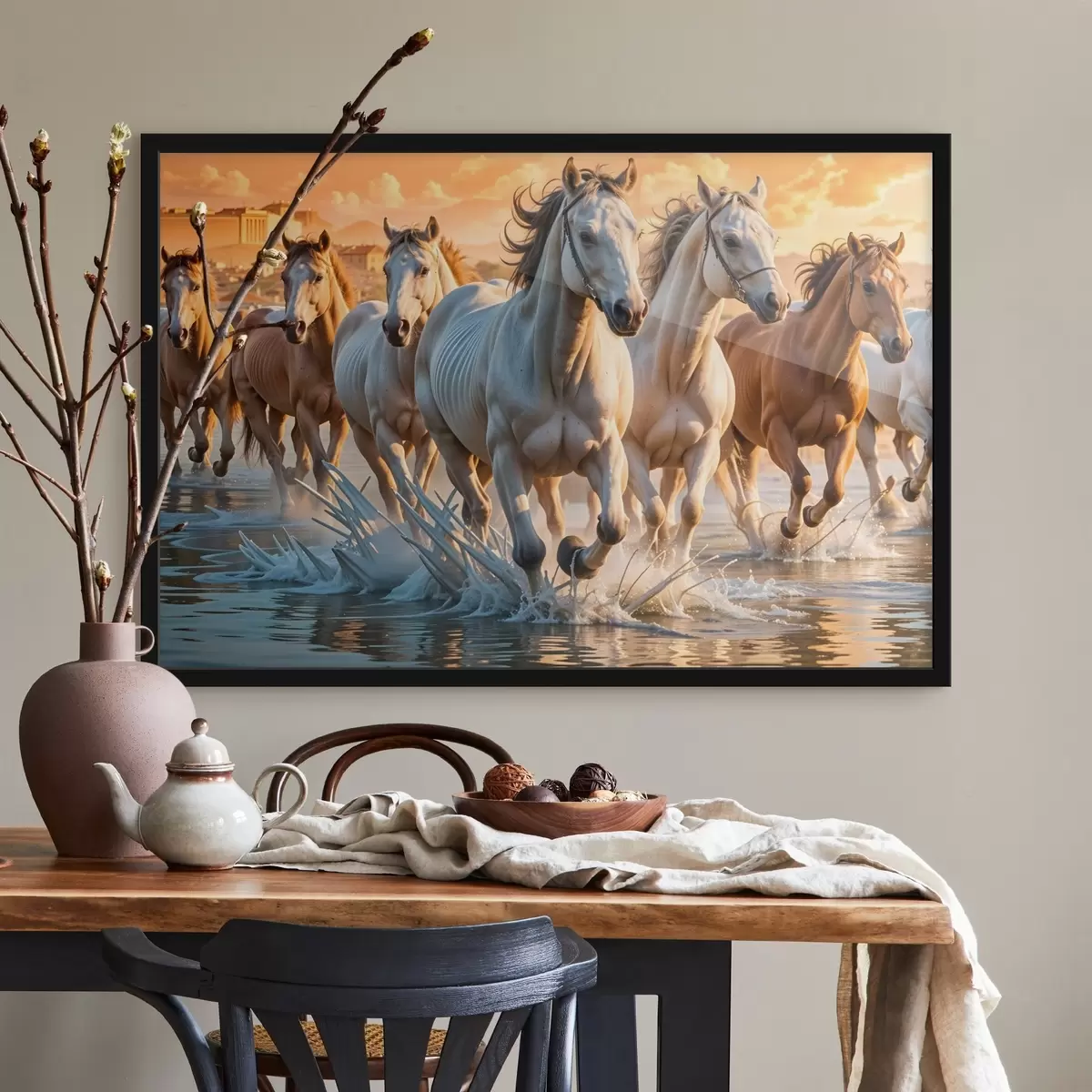 Poster Eine Herde weißer Pferde, die durch seichtes Wasser laufen, mit einem orangefarbenen Himmel im Hintergrund f41740