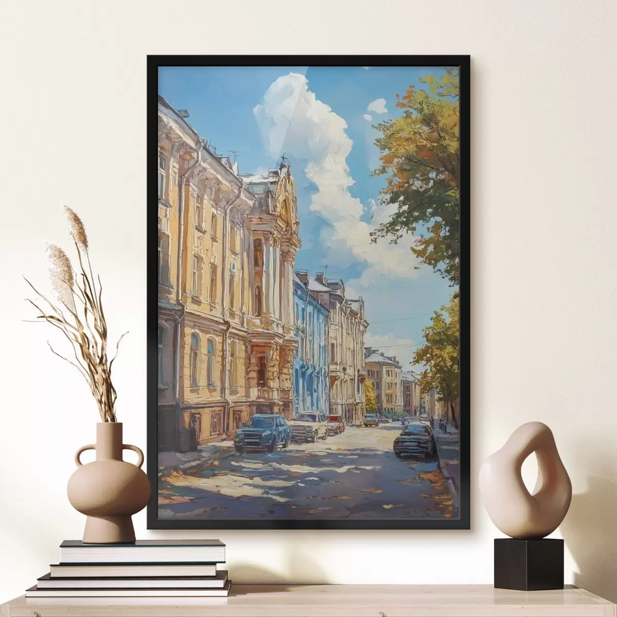 Poster Stadtstraße an einem sonnigen Tag, im Stil der Ölmalerei f41751