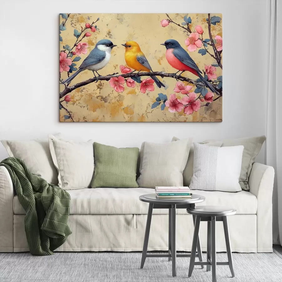 Wandbilder Spatzen auf einem Sakura-Zweig im Stil der Ölmalerei s41835