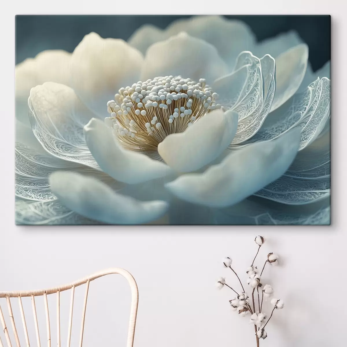 Wandbilder Weiße luftige Blume mit Mustern auf den Blütenblättern s41838