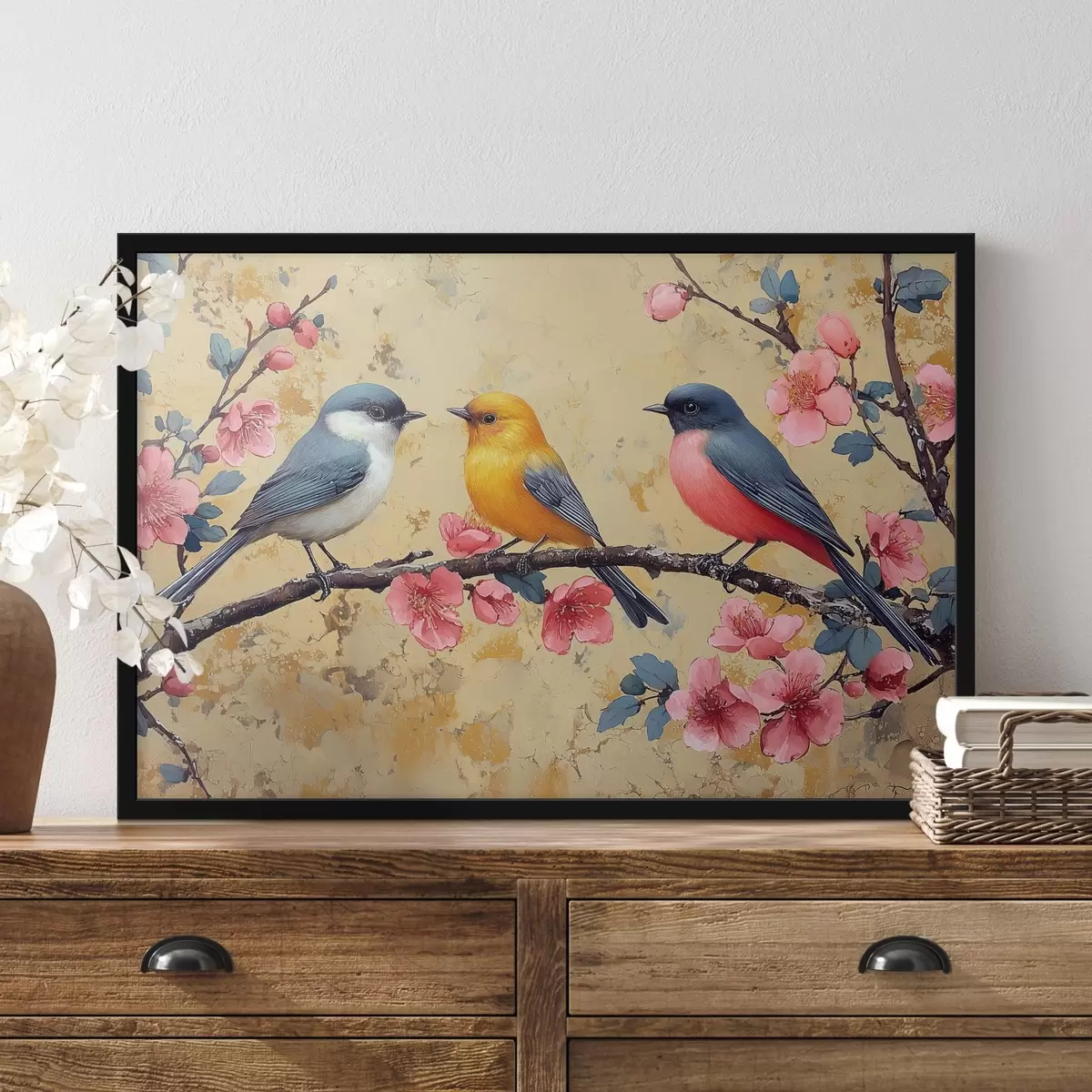 Poster Spatzen auf einem Sakura-Zweig im Stil der Ölmalerei f41835