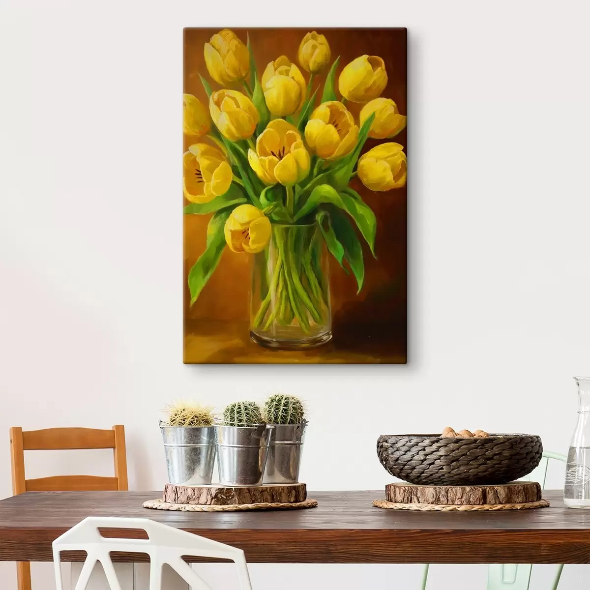 Wandbilder Gelbe Tulpen in einer transparenten Vase s41817
