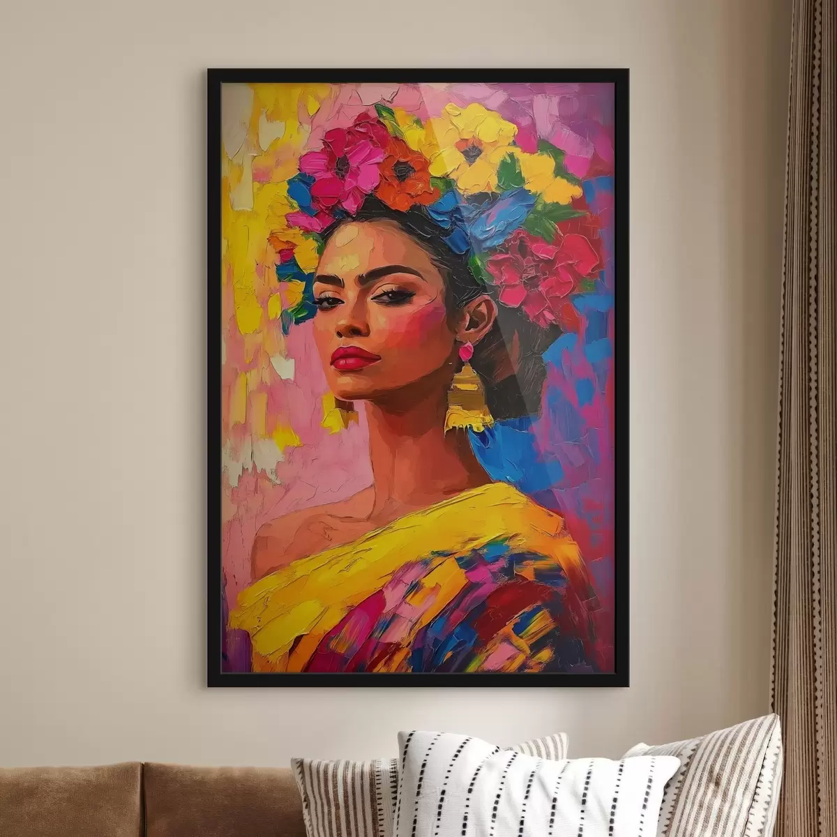 Poster Eine Frau mit einer hellen Blumenkrone auf einem bunten Hintergrund geschmückt f41809