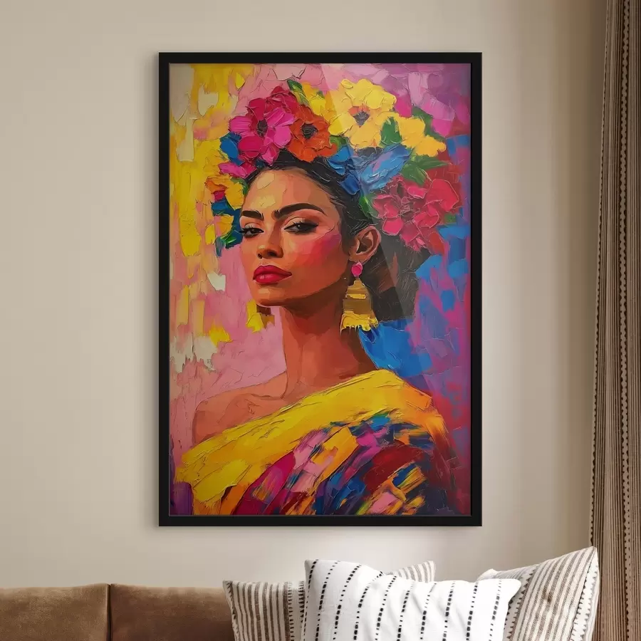 Fototapete Eine Frau mit einer hellen Blumenkrone auf einem bunten Hintergrund geschmückt f41809