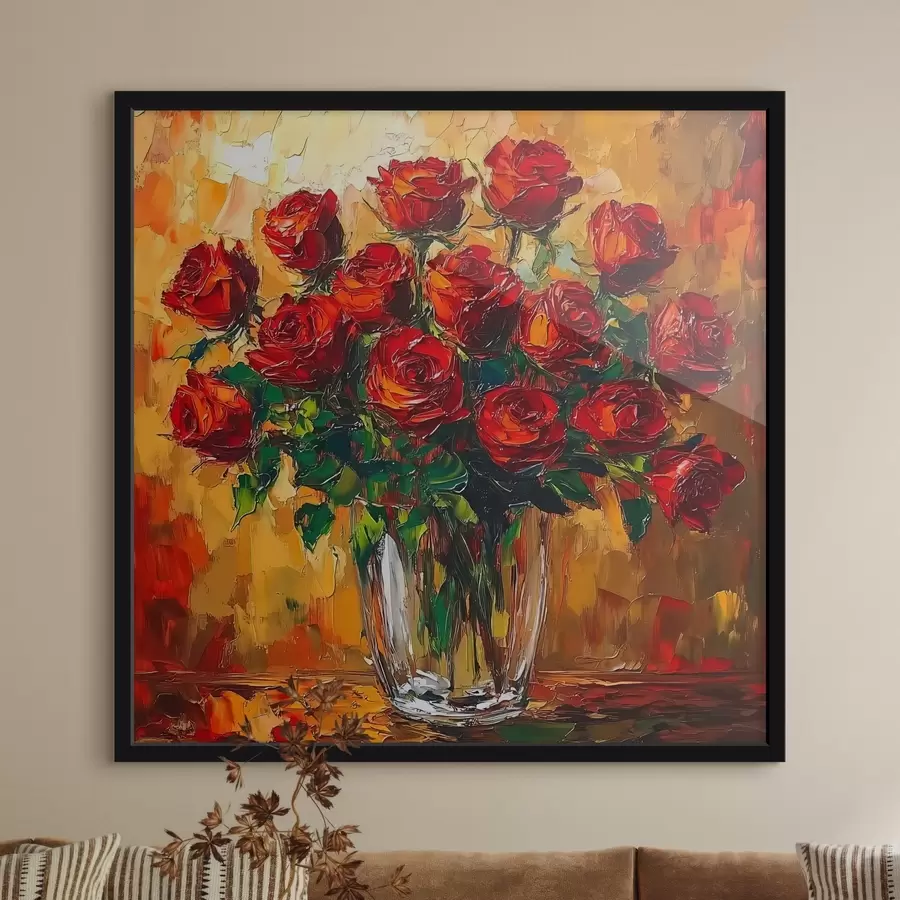 Fototapete Rote Rosen in einer transparenten Vase auf einem warmen Hintergrund f41816