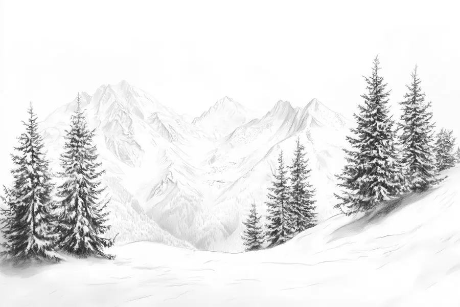Fototapete Verschneite Berge, Bleistift-Stil Zeichnung, Minimalismus, Wald, Natur w02351