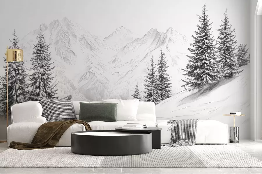 Fototapete Verschneite Berge, Bleistift-Stil Zeichnung, Minimalismus, Wald, Natur w02351