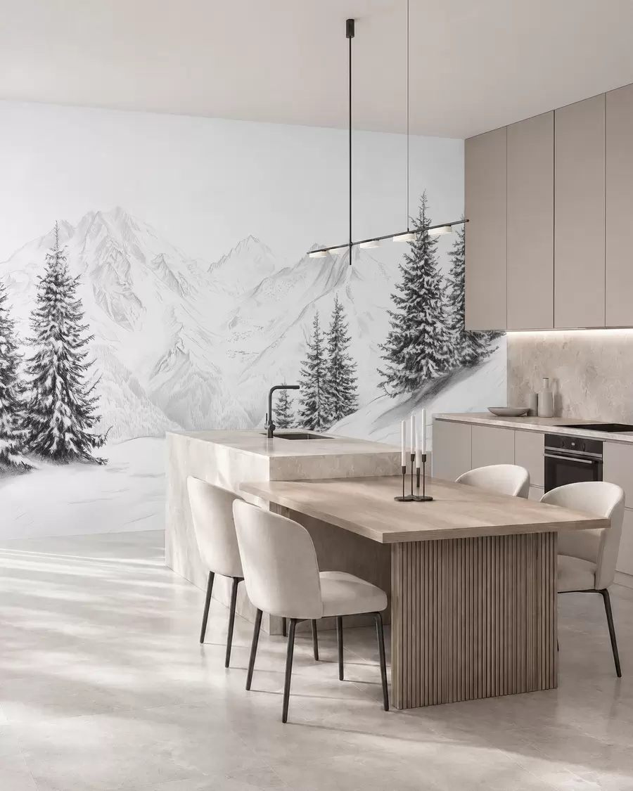 Fototapete Verschneite Berge, Bleistift-Stil Zeichnung, Minimalismus, Wald, Natur w02351