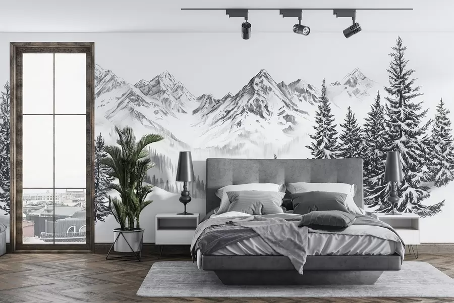 Fototapete Alpine Berge im Schnee, Bleistiftstil, Minimalismus w02352