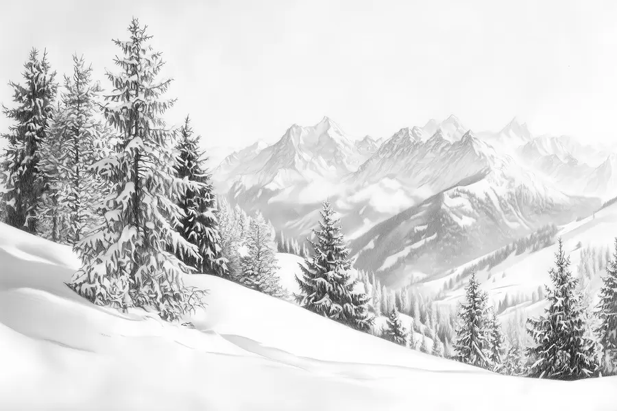 Fototapete Winter in den Bergen, Wald, Alpen, Bleistiftzeichnung, Naturlandschaften w02353