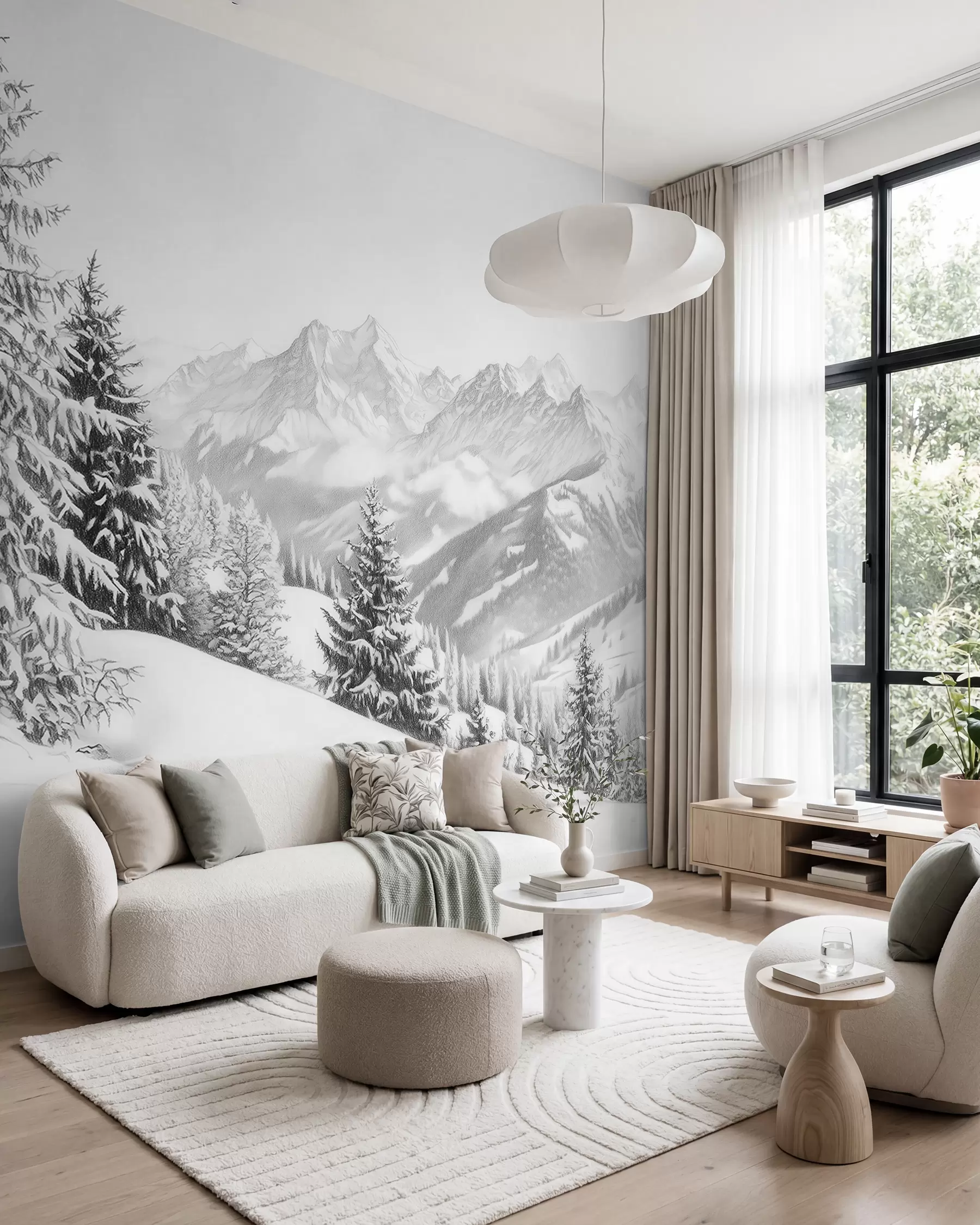 Fototapete Winter in den Bergen, Wald, Alpen, Bleistiftzeichnung, Naturlandschaften w02353
