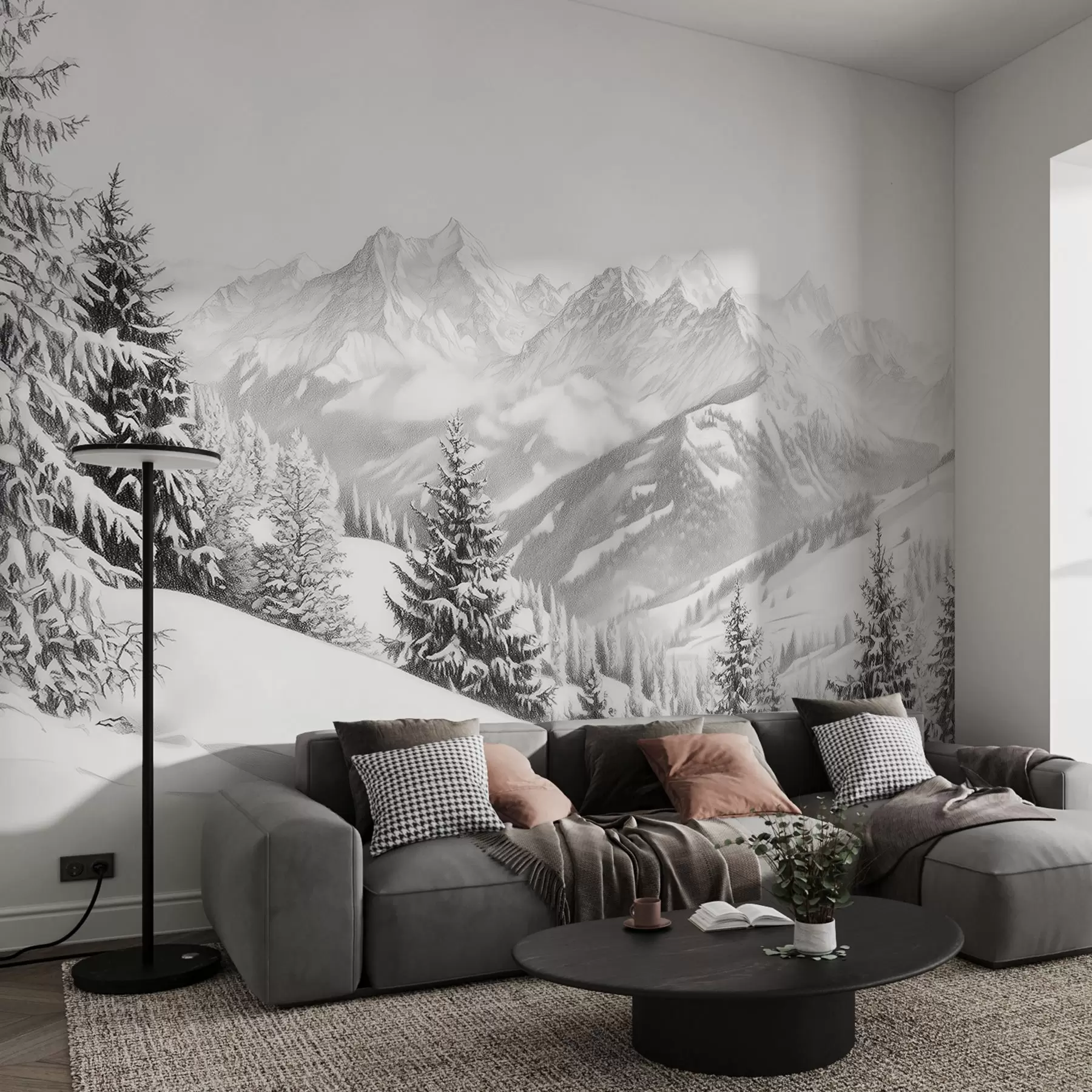 Fototapete Winter in den Bergen, Wald, Alpen, Bleistiftzeichnung, Naturlandschaften w02353