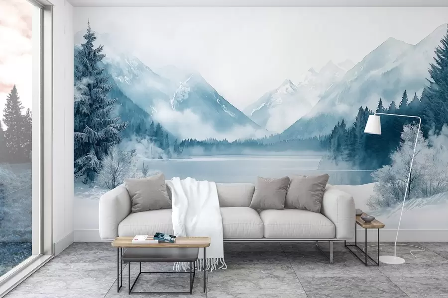 Fototapete Winterberge, gefrorener See, Kiefernwald, blaue Farbpalette, Aquarellstil w02354