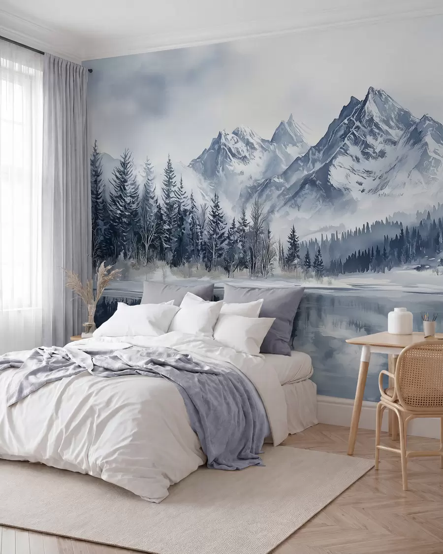 Fototapete Die Alpen im Schnee, Winterwald, zugefrorener See, blaue Farbpalette w02358