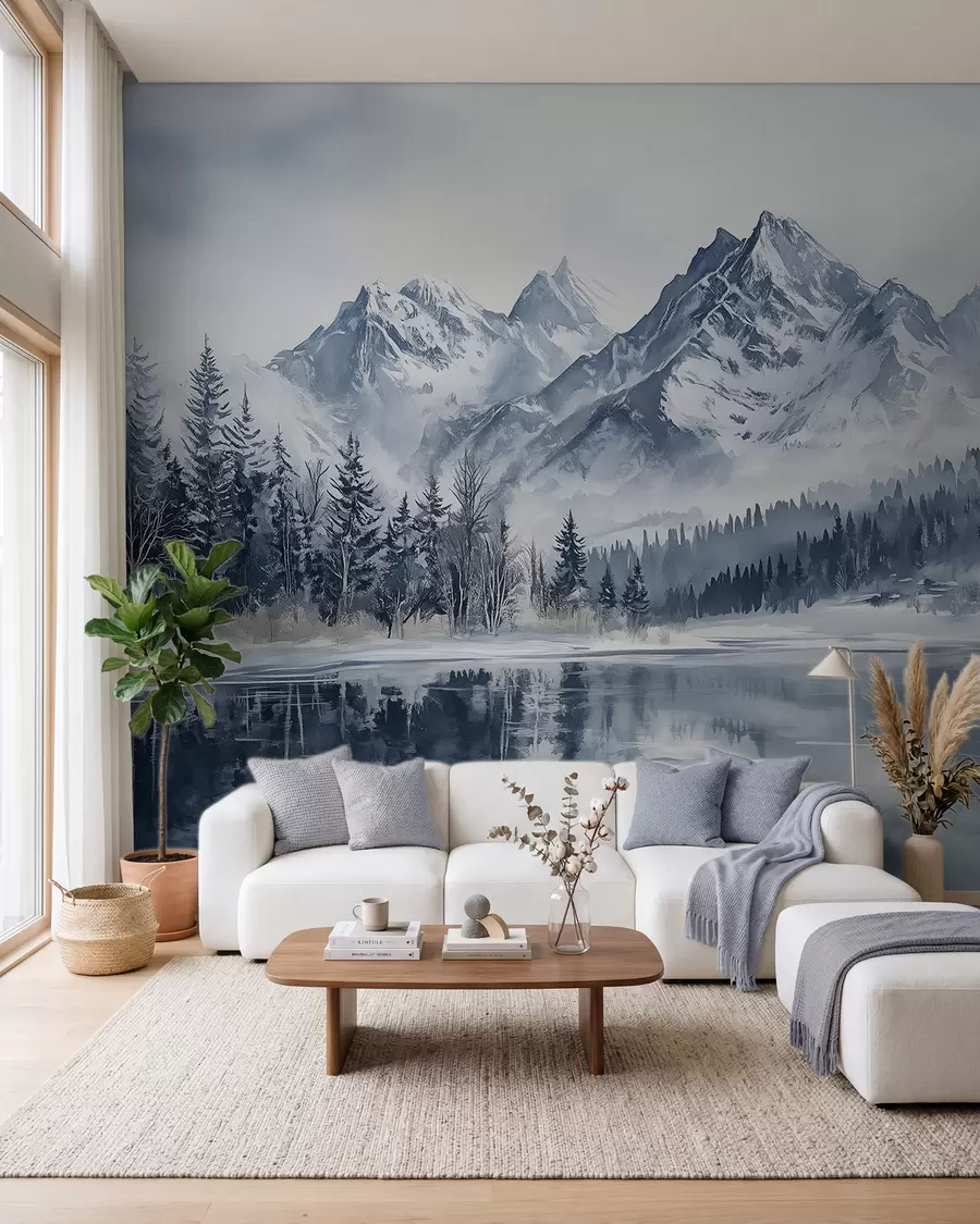Fototapete Die Alpen im Schnee, Winterwald, zugefrorener See, blaue Farbpalette w02358
