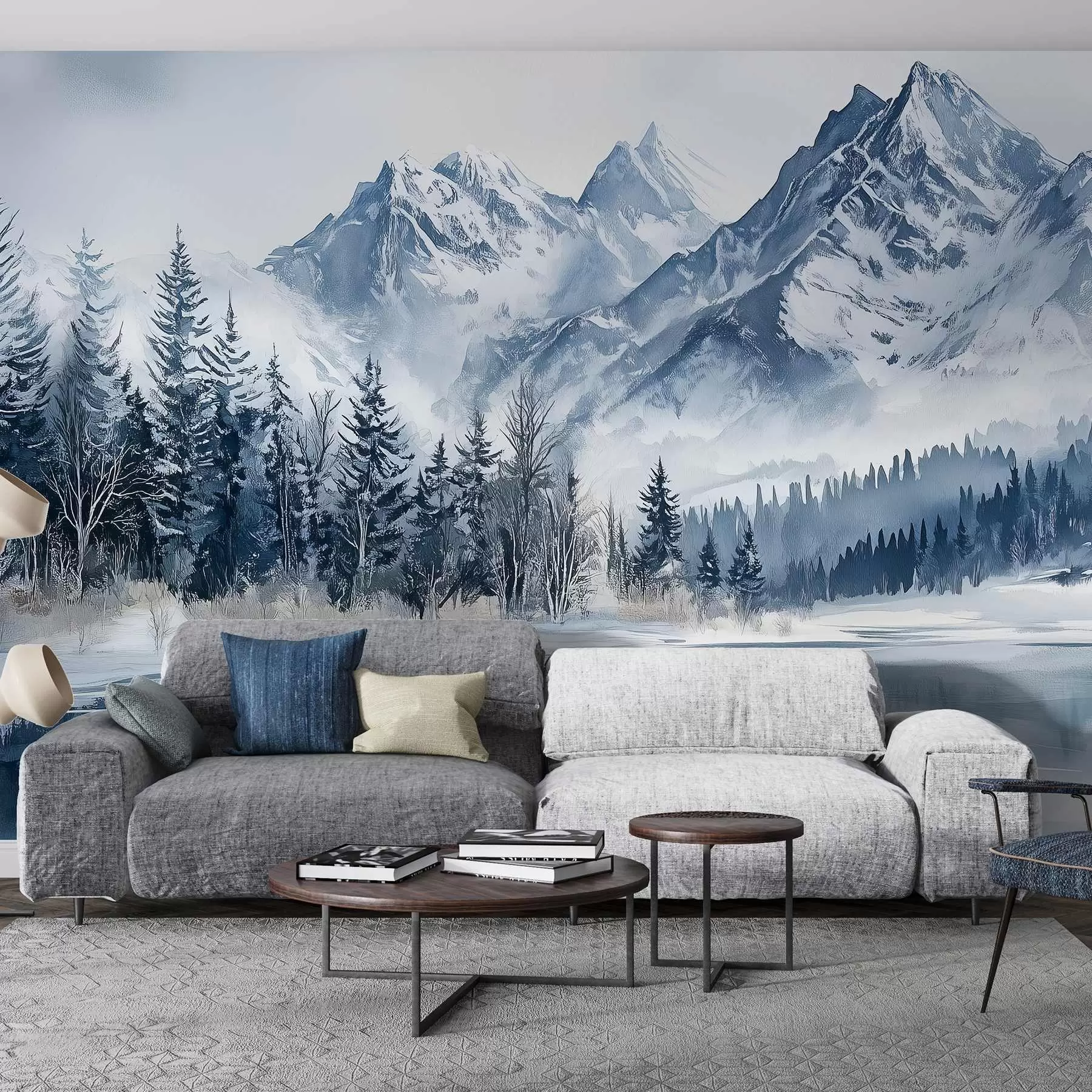 Fototapete Die Alpen im Schnee, Winterwald, zugefrorener See, blaue Farbpalette w02358