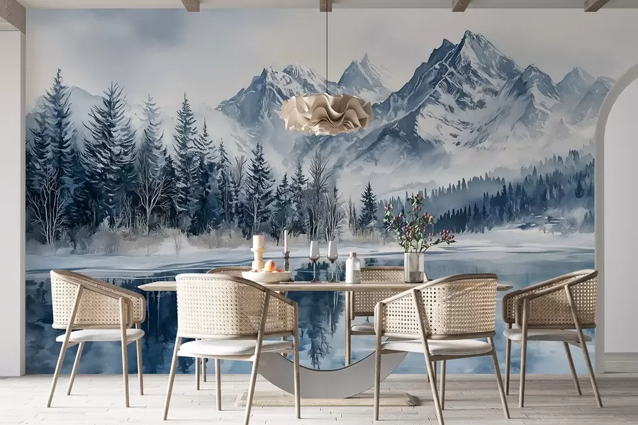 Fototapete Die Alpen im Schnee, Winterwald, zugefrorener See, blaue Farbpalette w02358