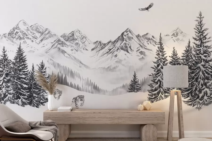 Fototapete Winterberge, Schneeleoparden, Kiefernwald, Bleistiftzeichnung, fliegender Adler w02360