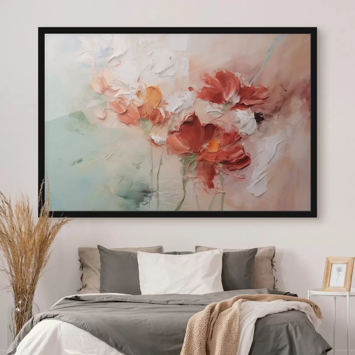 Poster Abstrakte Komposition von Blumen, Nachahmung Pinselstrich, grün, rot Schattierungen f41852