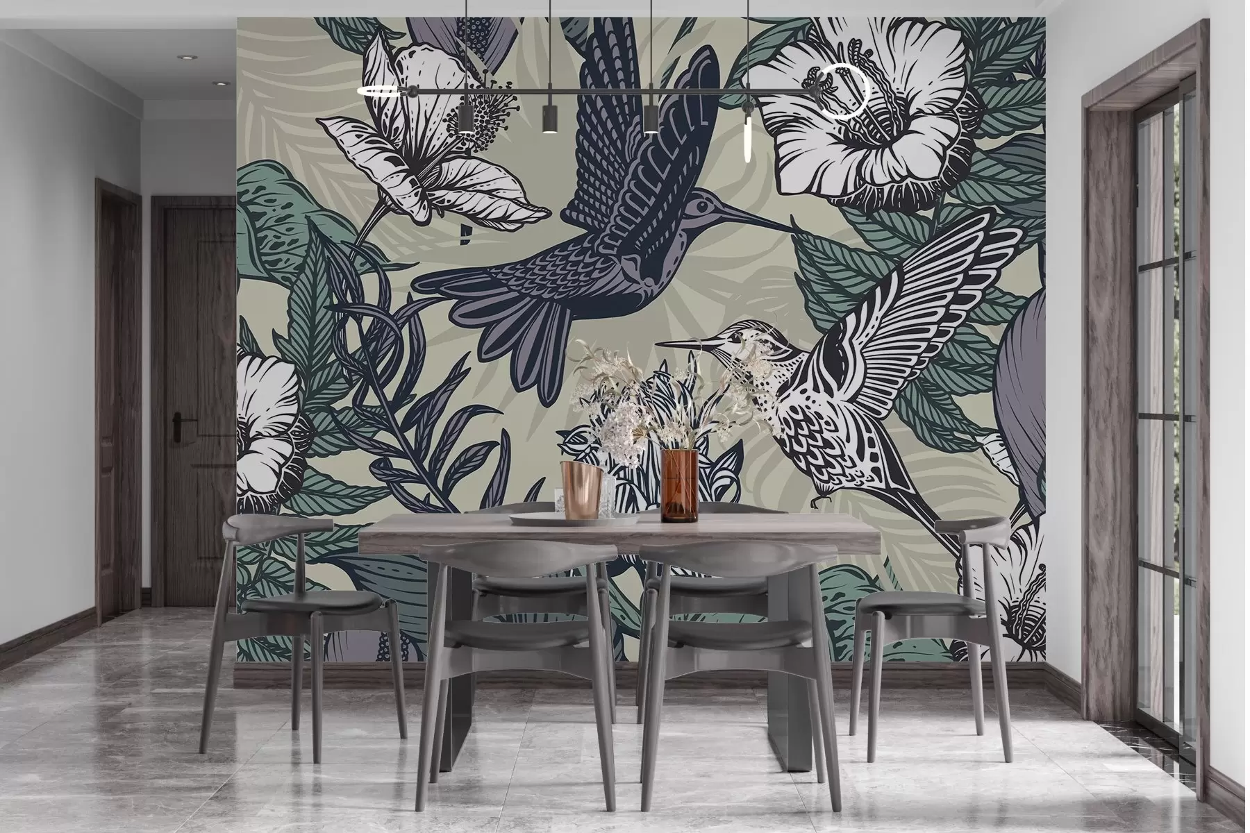 Fototapete Kolibris und blühende Blumen w02362