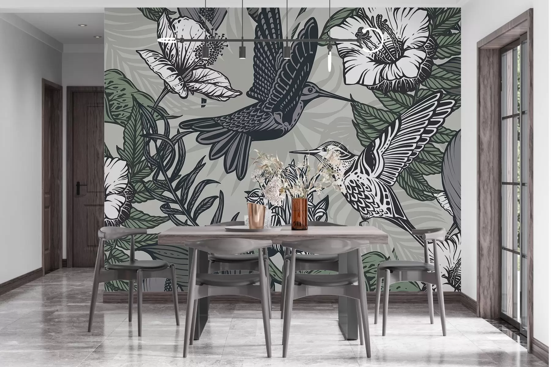 Fototapete Kolibri und blühende Blumen auf einem grauen Hintergrund w02362v1