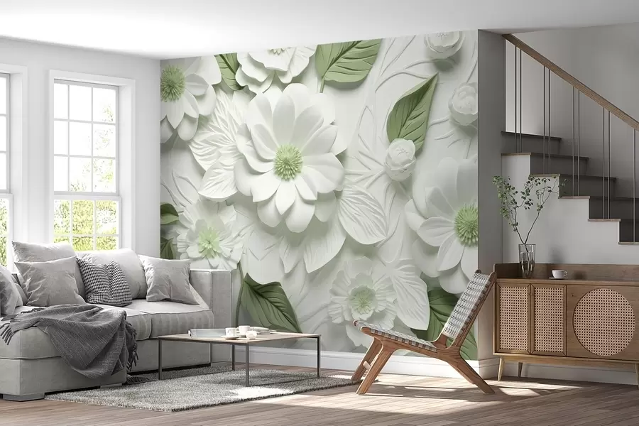 Fototapete Volumetrische Blumen aus Gips in zwei Farben w02006v2