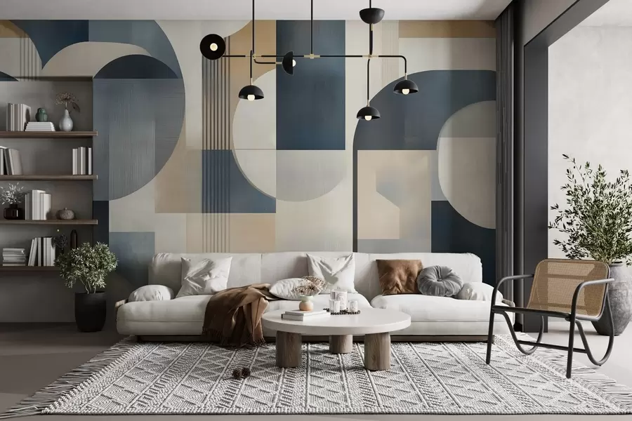 Fototapete Art-Deco-Tapete mit geometrischem Muster in Blau-, Beige- und Milchtönen w02346