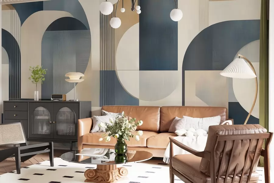 Fototapete Art-Deco-Tapete mit geometrischem Muster in Blau-, Beige- und Milchtönen w02346